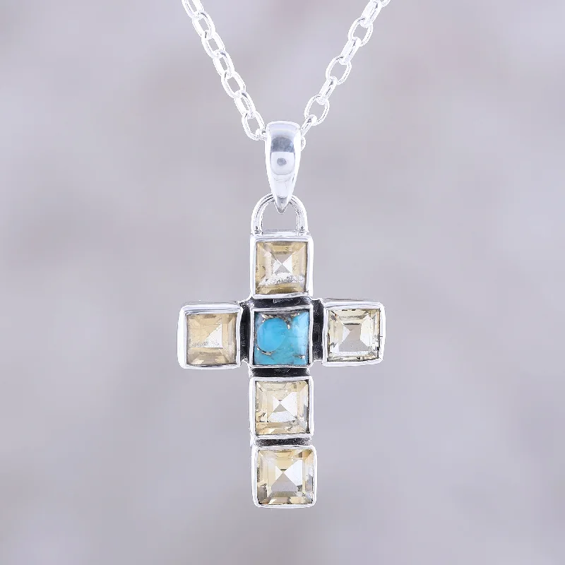 Best necklaces and pendants with intricate filigree for vintage-inspired elegance-Golden Faith Citrine and Composite Turquoise Cross Necklace from India