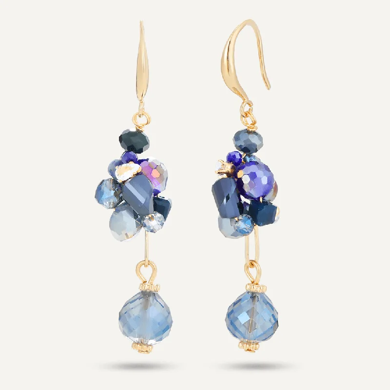 Drop Earrings for Everyday Glamour -Blue Crystal Cluster Hook Earrings In Gold-Tone