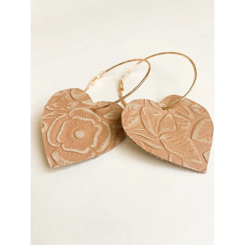 Drop Earrings with Etched Designs -VE126 - Rose Heart Hoop Earrings