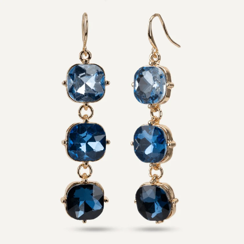 Magnetic Closure Drop Earrings for Easy -Geometric Blue Crystal Hook Earrings In Gold-Tone