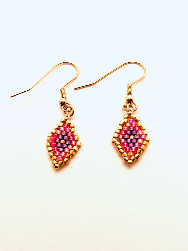 Large Drop Earrings for Statement -Beaded Small Diamond Earrings, Pink, Gold and Purple