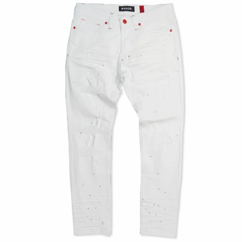 Four Pocket Jeans for Simplicity -M1725 Shredded Denim Jeans with Paint Splashes - White