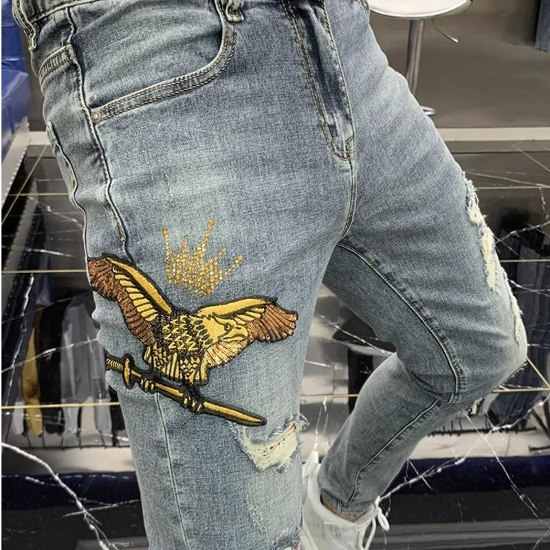 Stonewashed Jeans for Softness -European Men's Sequin Decor Eagle Embroidery Skinny Denim Jeans