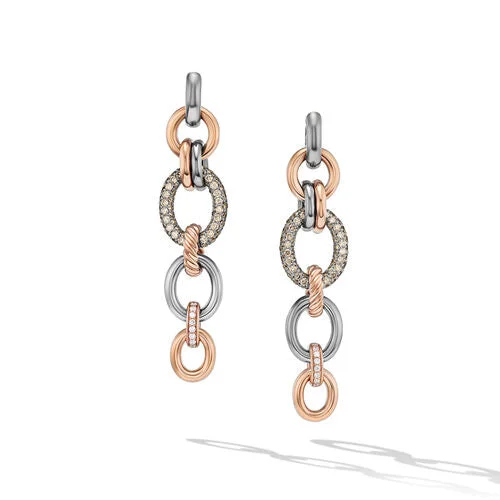 Leverback Drop Earrings for Comfort -DY Mercer Linked Melange Drop Earrings in Sterling Silver with 18K Rose Gold and Pavé Diamonds