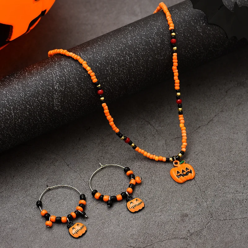 Gold Drop Earrings for Women -Wholesale Halloween Pumpkin Orange Rice Bead Earrings Necklace Set