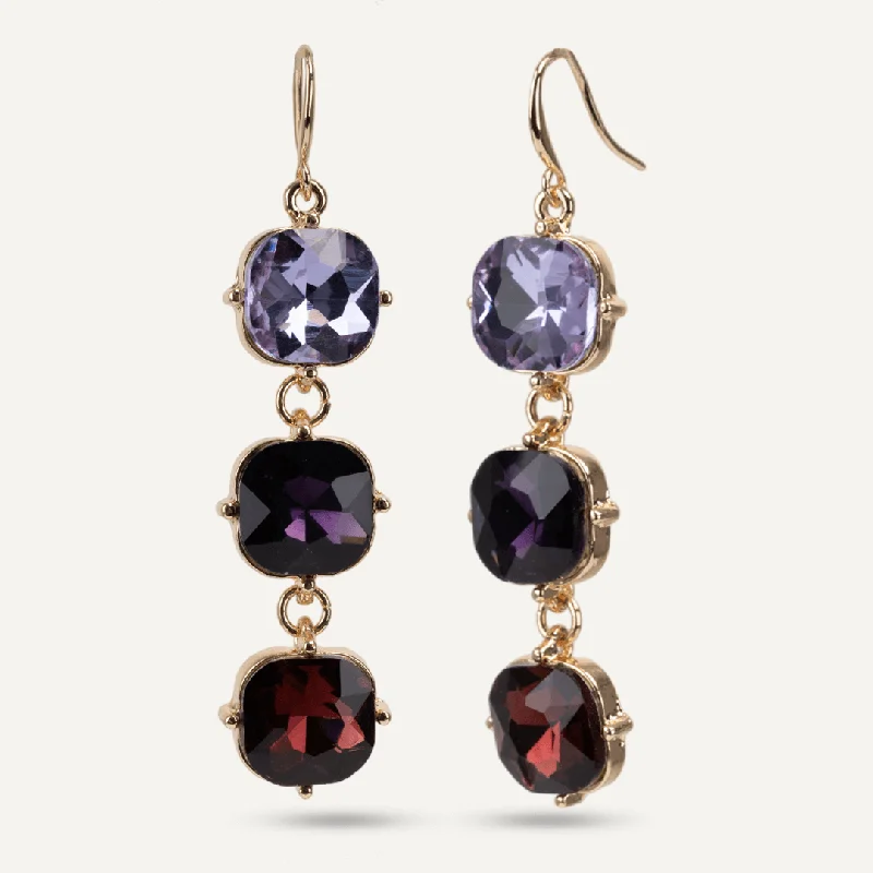 Drop Earrings with Chevron Designs -Geometric Amethyst Crystal Hook Earrings In Gold-Tone