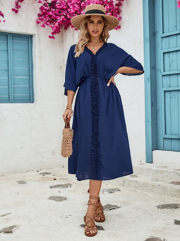 Plus size dresses with hidden support shape secretly -Plus size dresses for beach vacations -Frill Slit V-Neck Three-Quarter Sleeve Dress