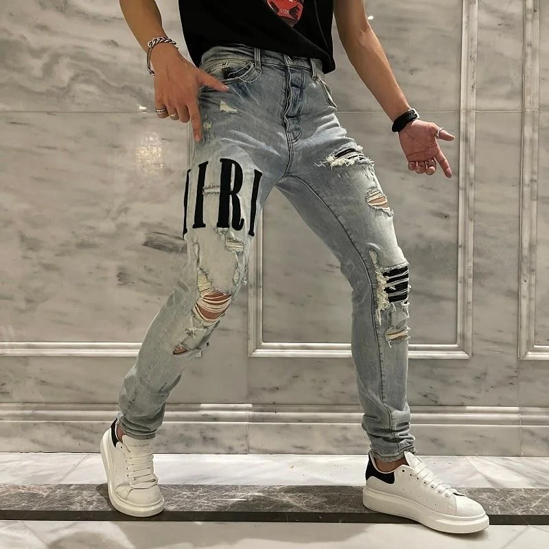 Cargo Jeans for Utility -Hip Hop Men's Holes Made of old Stickers Embroidered Letter Slim Skinny Jeans