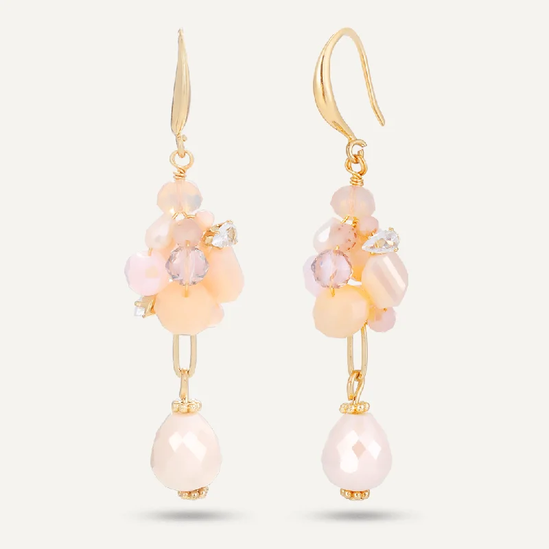 Drop Earrings for Beach Outfit -Pink Crystal Cluster Hook Earrings In Gold-Tone