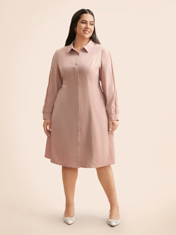 Plus size dresses with supportive fits lift spirits -Plus size dresses with lace-up details for a trendy vibe -Shirt Collar Shirred Woven Ribbon Dress