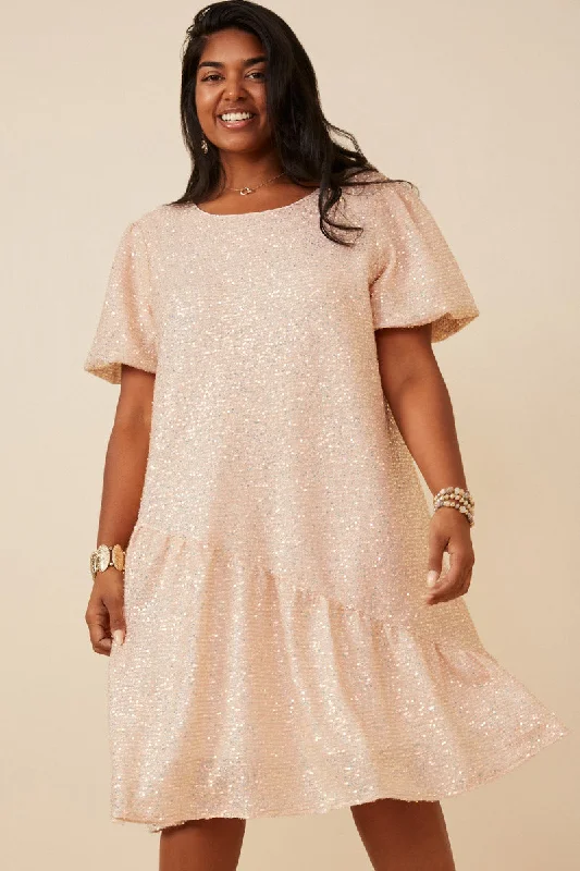 Plus size dresses featuring chevron prints are sharp -Dressy plus size dresses for family gatherings -Sequined Asymmetric Hem Puff Sleeve Dress