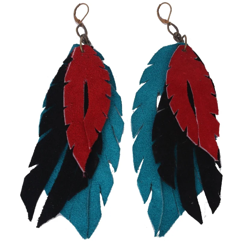 Contemporary Drop Earrings for Fashion -J32 - Three Layer Leather Feather Earrings