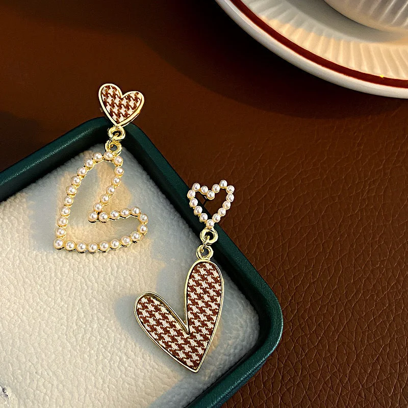 Detachable Drop Earrings with Charms -Wholesale Valentine's Day Houndstooth Fabric Pearl Love Earrings