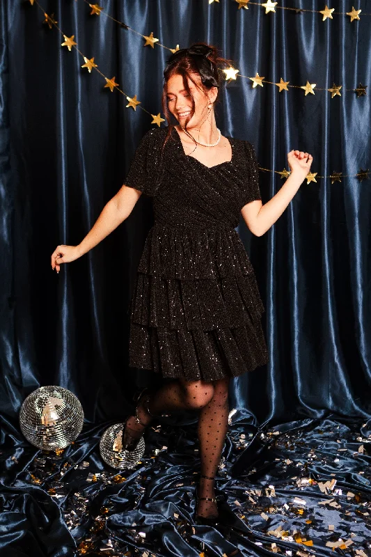 Plus size dresses with shiny threads reflect light -Plus size dresses with tiered skirts for a fun look -Kyla Dress in Black - FINAL SALE