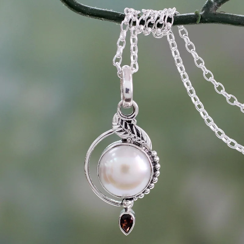 Unique necklaces and pendants with custom birthstone arrangements for personalization-Sublime Romance Leaf Theme Silver and Cultured Pearl Necklace with Garnet