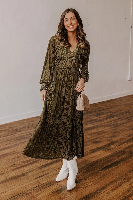 Plus size dresses with fit-and-flare shapes flatter -Plus size dresses for a day at the beach -Everlasting Dreams Velvet Burnout Maxi Dress in Olive