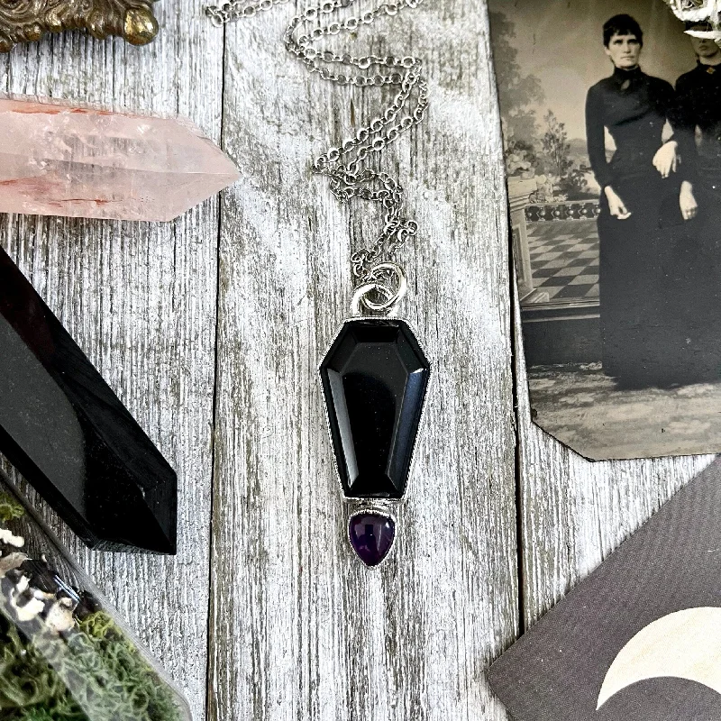 Necklaces and pendants with lotus flower designs for a spiritual, peaceful vibe-Crystal Coffin Black Onyx and Amethyst Necklace  / Gothic Jewelry