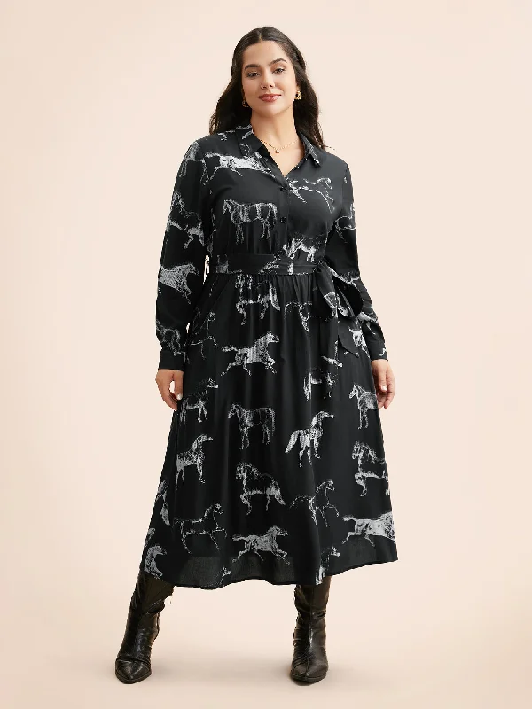 Plus size dresses with lightweight materials feel easy -Plus size dresses for fall with rich tones -Horse Print Belted Midi Dress