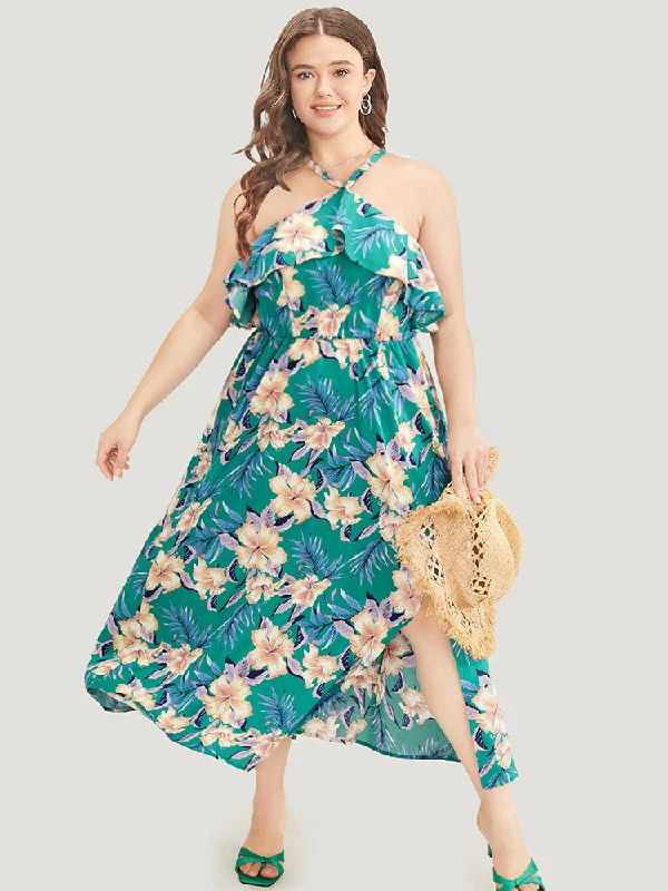 Plus size dresses with sturdy seams last long -Plus size dresses with long sleeves for winter -Floral Halter Neck Pocket Ruffle Trim Split Hem Dress