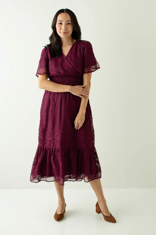 Plus size dresses for celebrations shine with style -Plus size dresses with sequins for evening glamour -'Daphne' Surplice Embroidered Chiffon Midi Dress in Plum