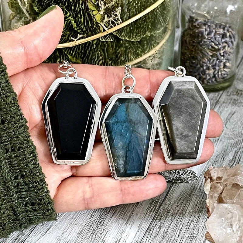 Layered necklaces and pendants for a trendy and fashionable stacked look-Big Chunky Crystal Coffin Necklace in Sterling Silver- Black Onyx, Labradorite or Silver Sheen Obsidian -Designed by FOXLARK Collection