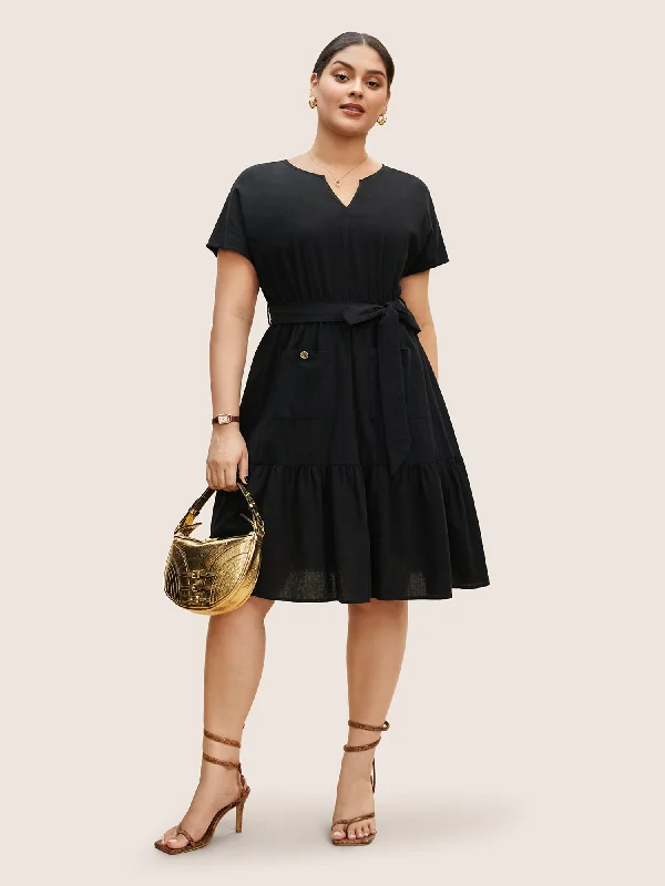 Plus size dresses for outdoor events stay comfy -Plus size dresses with sheer details for added elegance -Solid Patched Pocket Belted Batwing Sleeve Dress