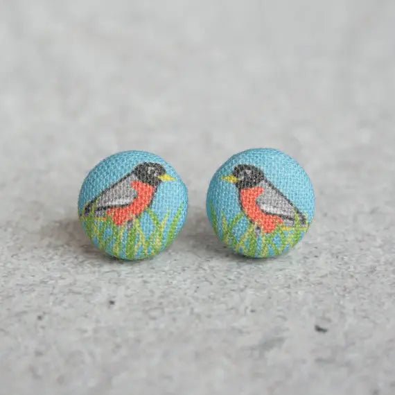 Crystal Drop Earrings for Sparkle -Robin Fabric Button Earrings | Handmade in the US