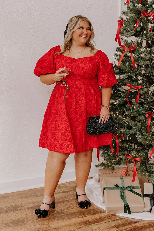 Plus size dresses featuring glitter accents sparkle bold -Comfortable plus size dresses for lounging -Holiday Happiness Jacquard Mini Dress in Red Curves