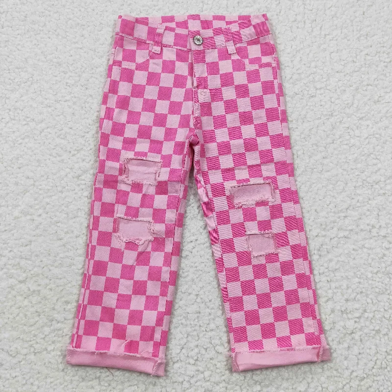 Pencil Skirt Jeans for Sophistication -girls pink plaid denim jeans P0096