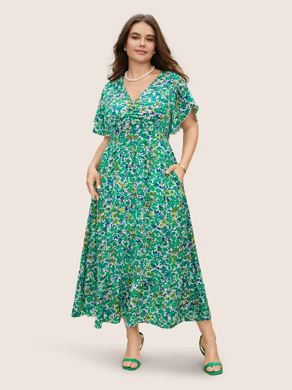 Plus size dresses featuring sequined tops glitter bright -Summer plus size dresses for warm weather -Floral Button Detail Petal Sleeve Maxi Dress