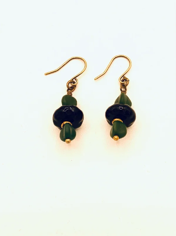 Gothic Drop Earrings with Dark Tone -Czech and German Glass Bead Earrings, Green and Black