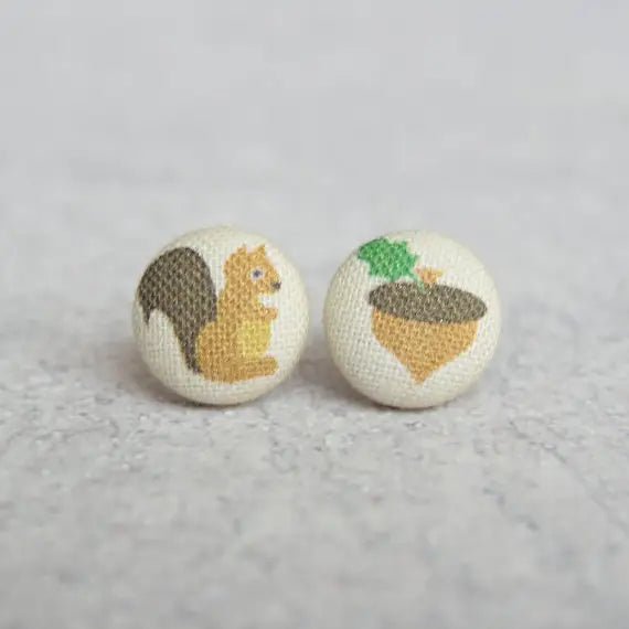 Gold Drop Earrings for Women -Squirrel and Acorn Fabric Button Earrings | Handmade in the US