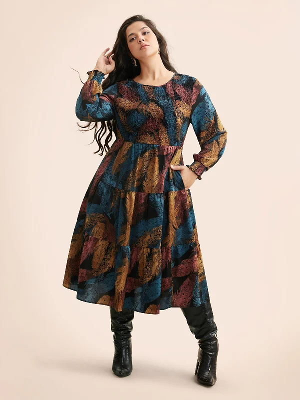 Affordable plus size dresses for casual days stay chic -Plus size dresses with cap sleeves for modest style -Feather Print Shirred Lantern Sleeve Dress