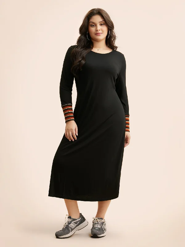 Plus size dresses featuring satin finishes feel smooth -Plus size dresses with satin finish for a luxurious look -Crew Neck Striped Patchwork Dress