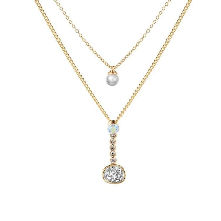 Simple necklaces and pendants with bar pendants for a sleek modern design-Layered Necklace with Druzy Stone and Cubic Zirconia Pendant