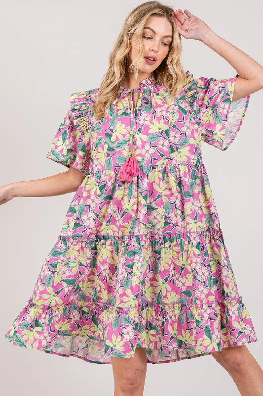 Plus size dresses with fit-and-flare shapes flatter -Plus size dresses for a day at the beach -SAGE + FIG Floral Ruffle Short Sleeve Dress