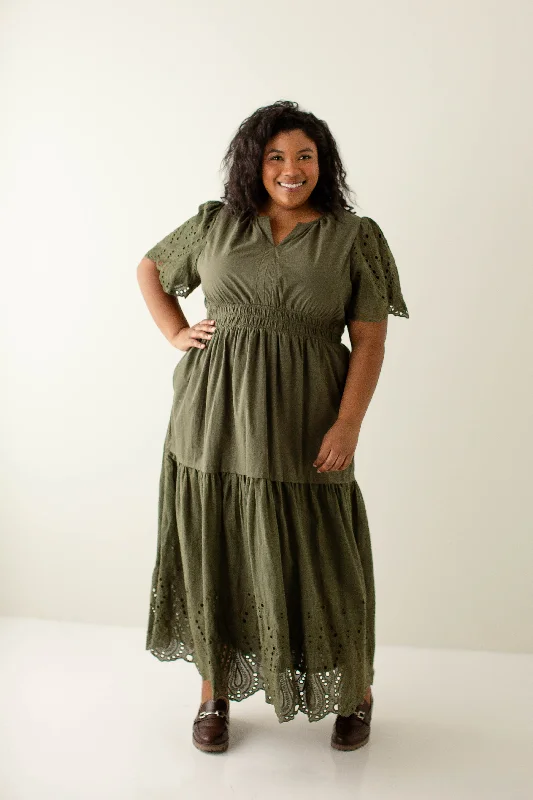 Plus size dresses with classic designs never fade -Plus size dresses with wrap-style for a flattering fit -Plus 'Georgina' Eyelet Detail Smocked Waist Maxi Dress in Olive