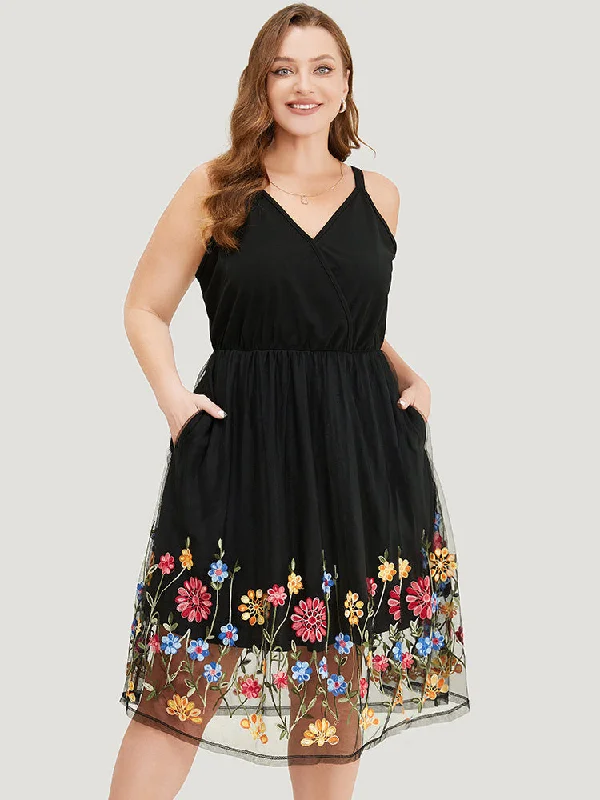 Plus size dresses featuring pleated skirts flow nicely -Plus size wrap dresses for a flattering silhouette -Floral Embroidered Mesh Overlay Pocket Wrap Dress