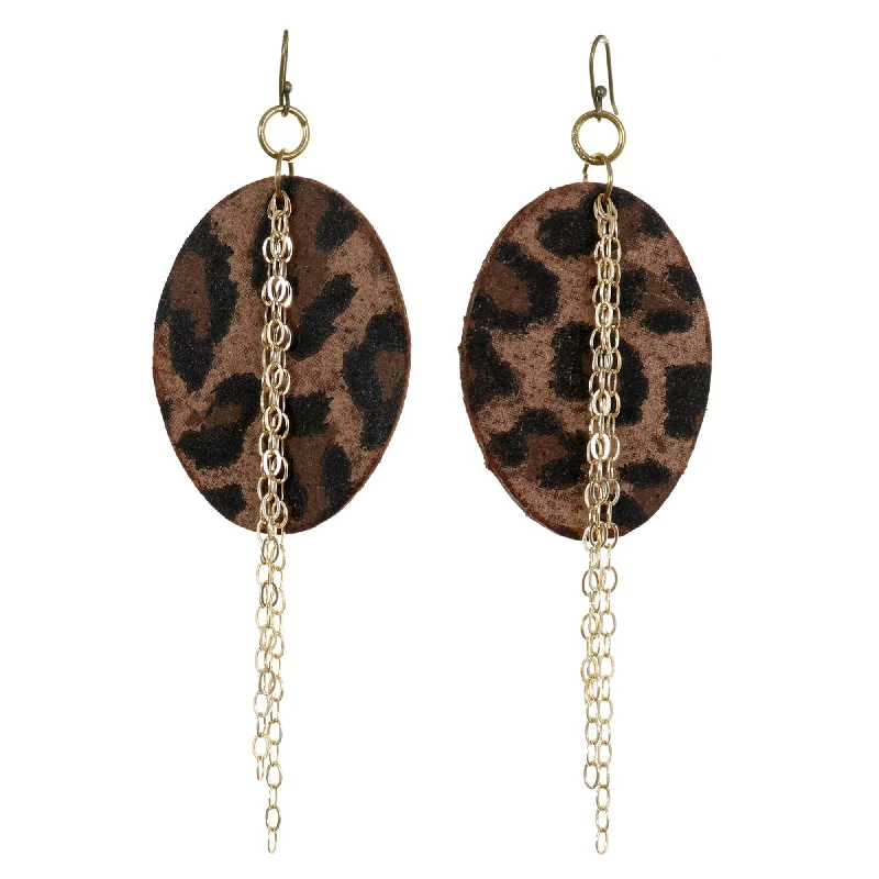 Small Drop Earrings for Delicate -VE39 - Leopard Suede Oval Earrings