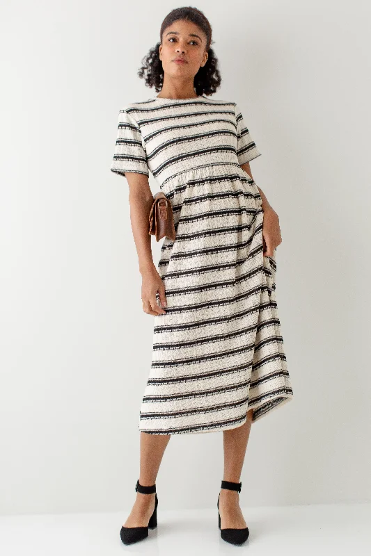 Plus size dresses with side ties cinch nicely -Plus size dresses for evening wear -'Lyric' Striped Crochet Knit Midi Dress in Cream