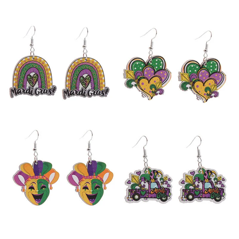 Oval Drop Earrings for Grace -Wholesale Carnival Rainbow Truck Clown Hat Wooden  Mardi Gras Earrings