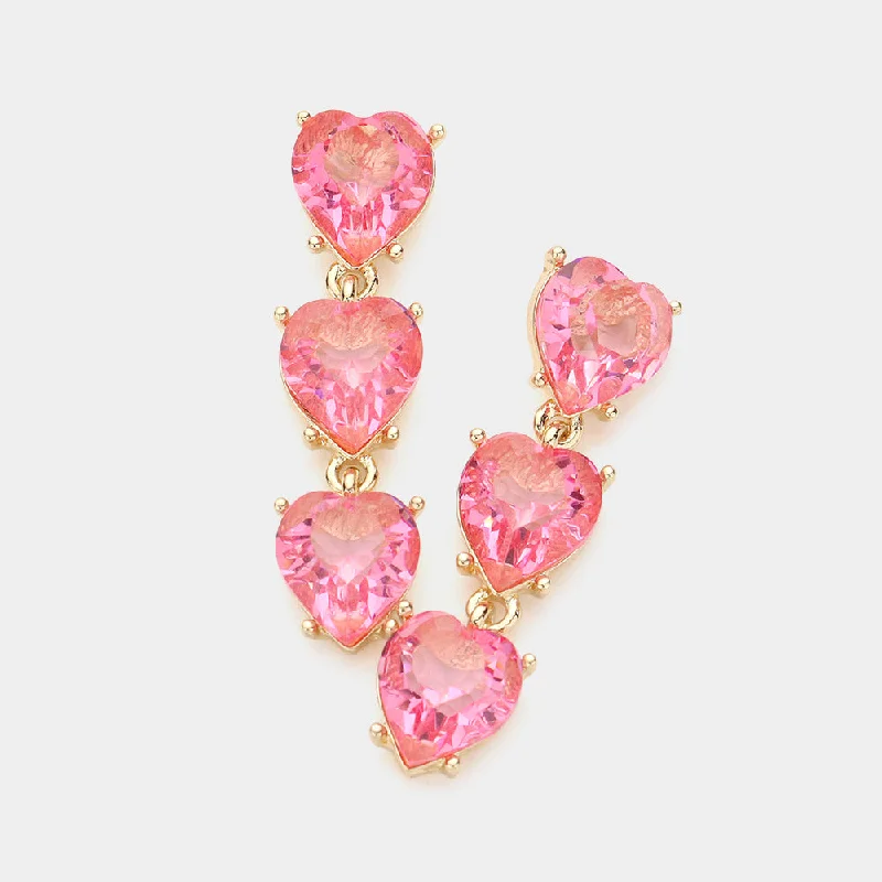 Long Drop Earrings for Dramatic -Pink Triple Heart Dangle Earrings