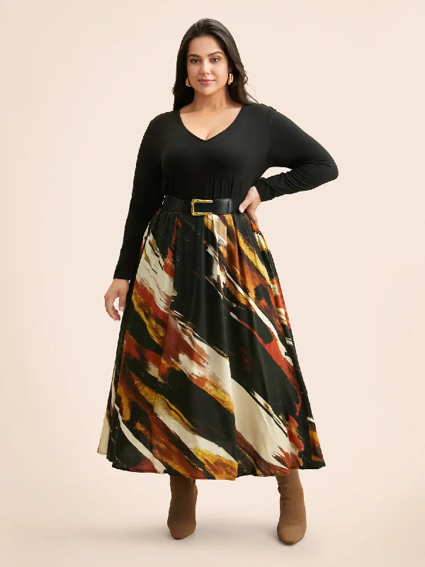 Stylish plus size dresses with stretch fabric flatter all -Plus size dresses with flattering cuts -V Neck Brush Print Patchwork Dress