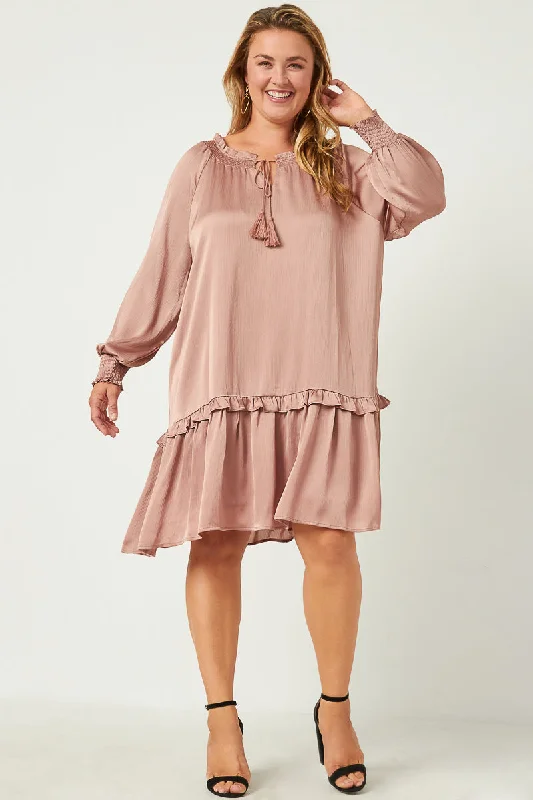 Plus size dresses featuring sequined tops glitter bright -Summer plus size dresses for warm weather -Satin Look Smocked Cuff Tie Neck Dress