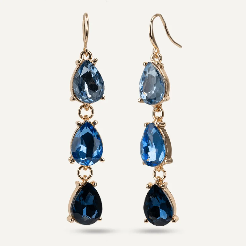 Retro Drop Earrings for Nostalgia -Iris Sapphine Blue Jewel & Crystal Hook Earrings In Gold-Tone