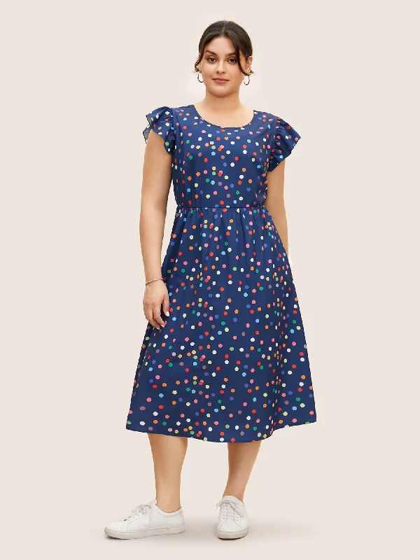 Plus size dresses for long days support fully -Plus size dresses for curvy body types -Colored Polka Dot Tie Knot Ruffle Cap Sleeve Dress