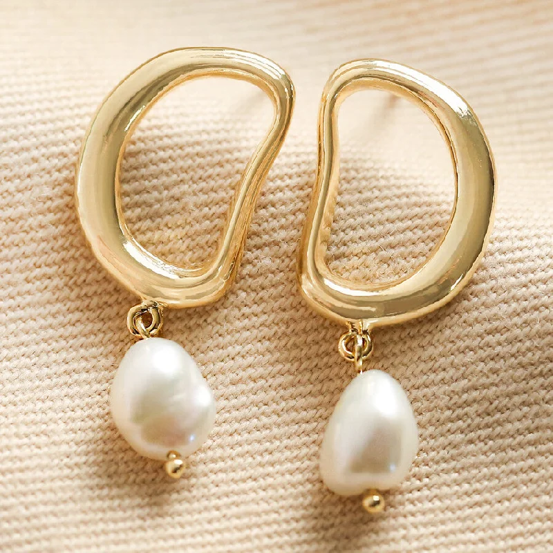 Geometric Drop Earrings for Trend -Organic Circle Pearl Drop Earrings in Gold | Designed in the UK | Gold Plated Brass