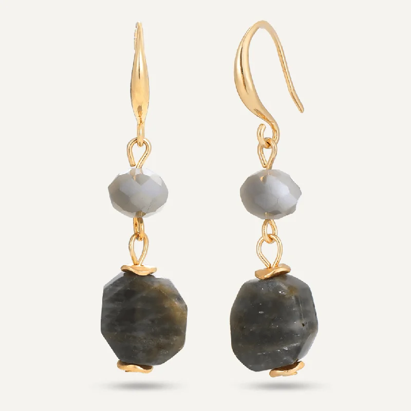 Drop Earrings with Textured Surface -Grey Semi-Precious Stone Hook Earrings In Gold-Tone