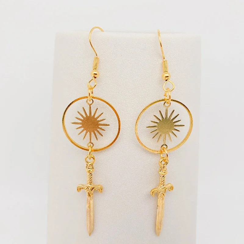 Drop Earrings for Travel Look -Circle Sun Golden Dagger Pendant Earrings | Bohemian Theme Hook Jewelry