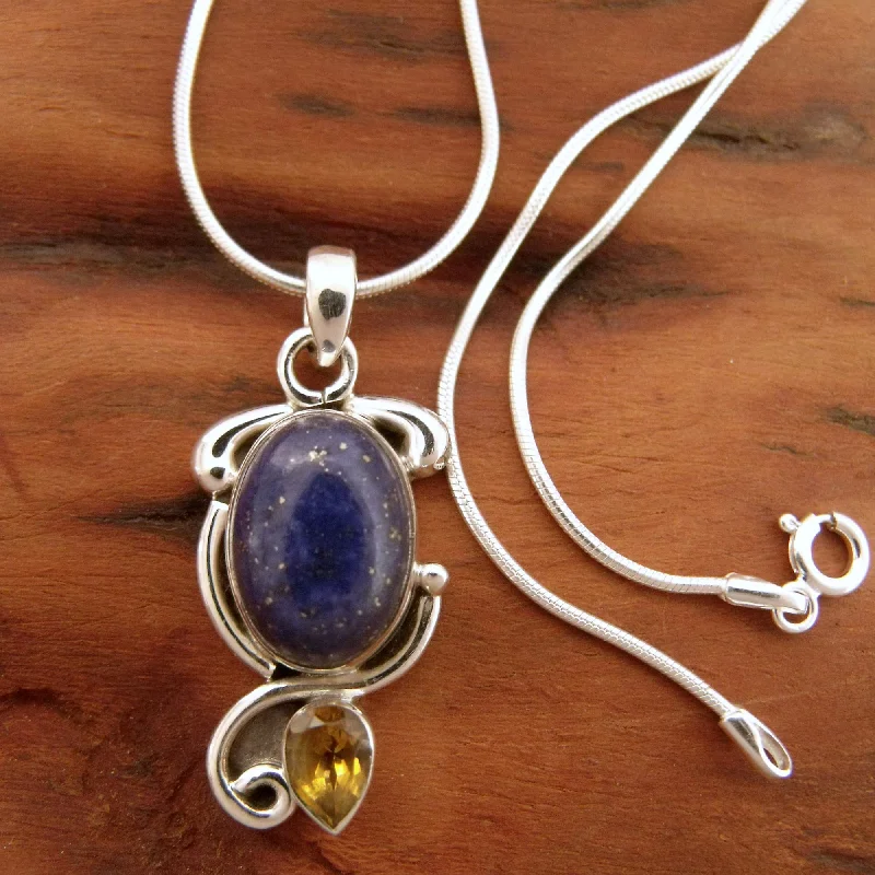 Necklaces and pendants with custom engravings for a personal, meaningful gift-Royal Charm Indian Necklace with Lapis Citrine and Sterling Silver